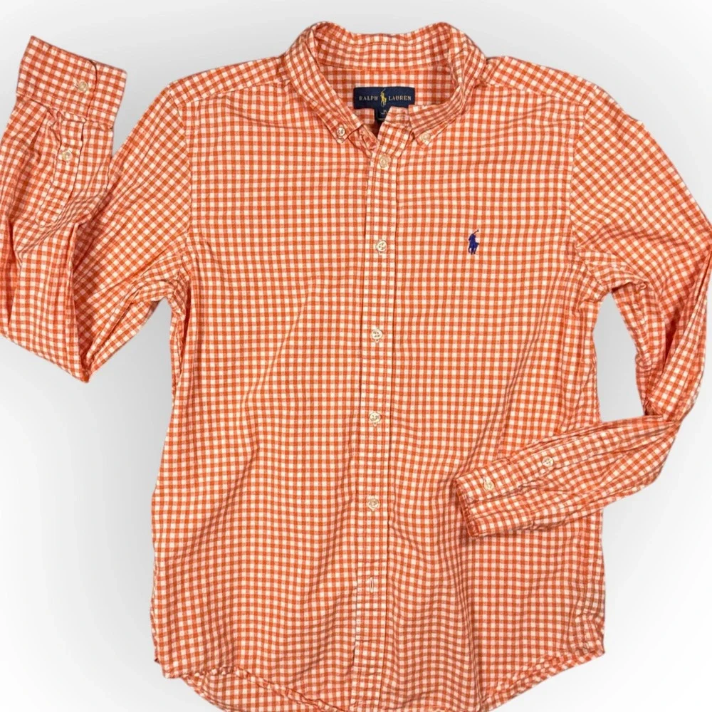 Ralph Lauren Kids XL Orange Gingham Check Cotton Button Dn‎ Shirt Blue Pony Logo